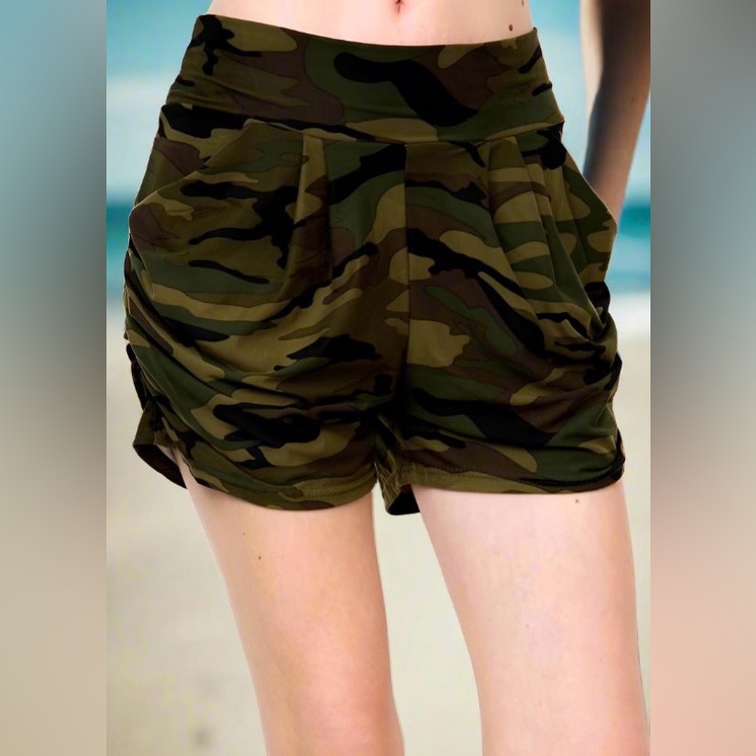 S/M New Womens Green Camo Shorts Harem Pocket Shorts Camouflage Yoga Shorts